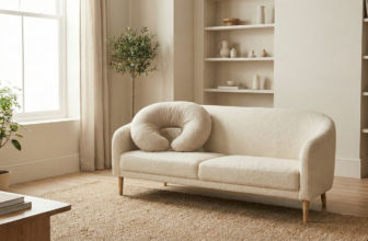 Salón tranquilo con cojín de lactancia en el sofá